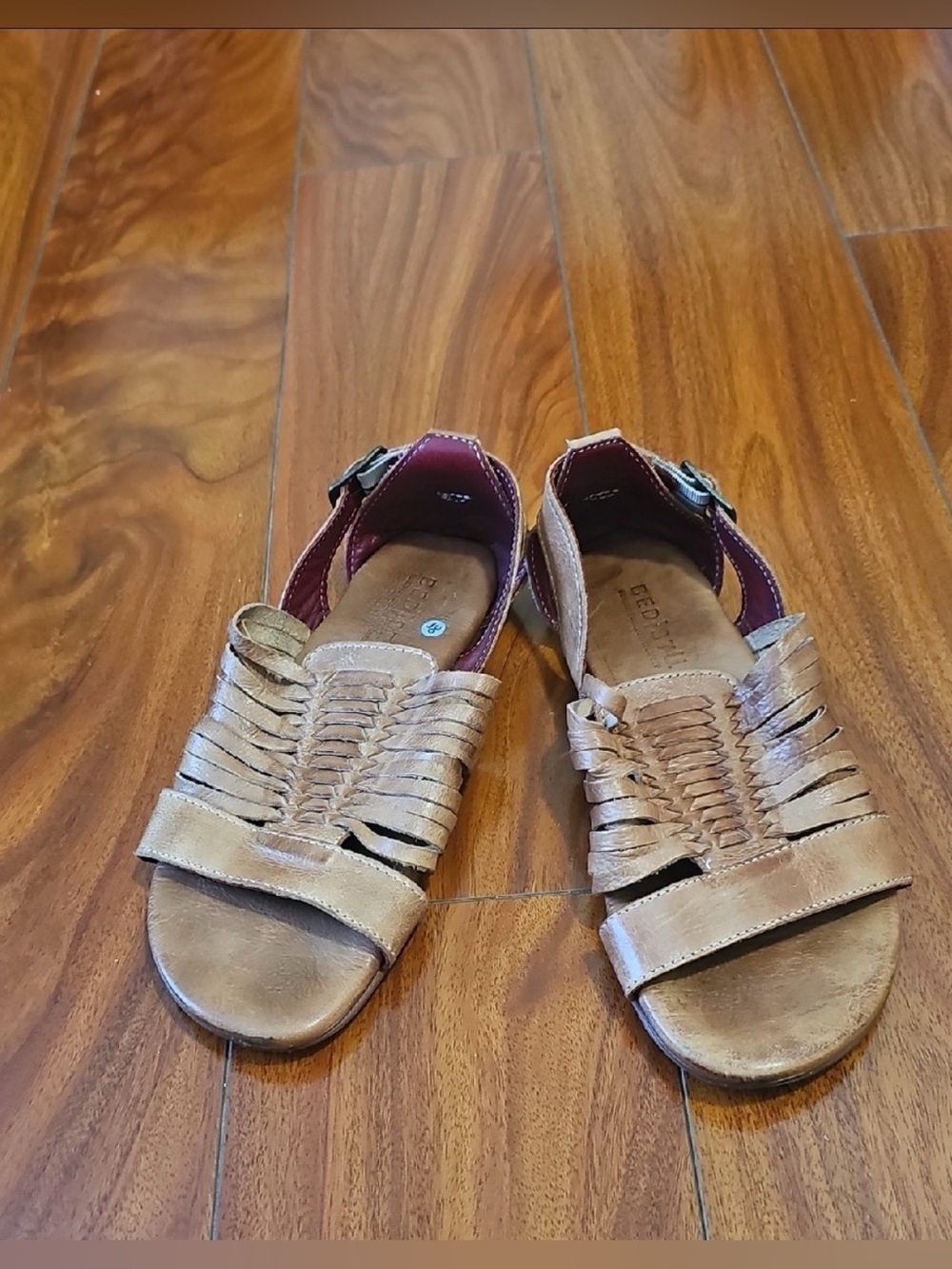 Bed Stu Tan Leather Woven Slide Sandals